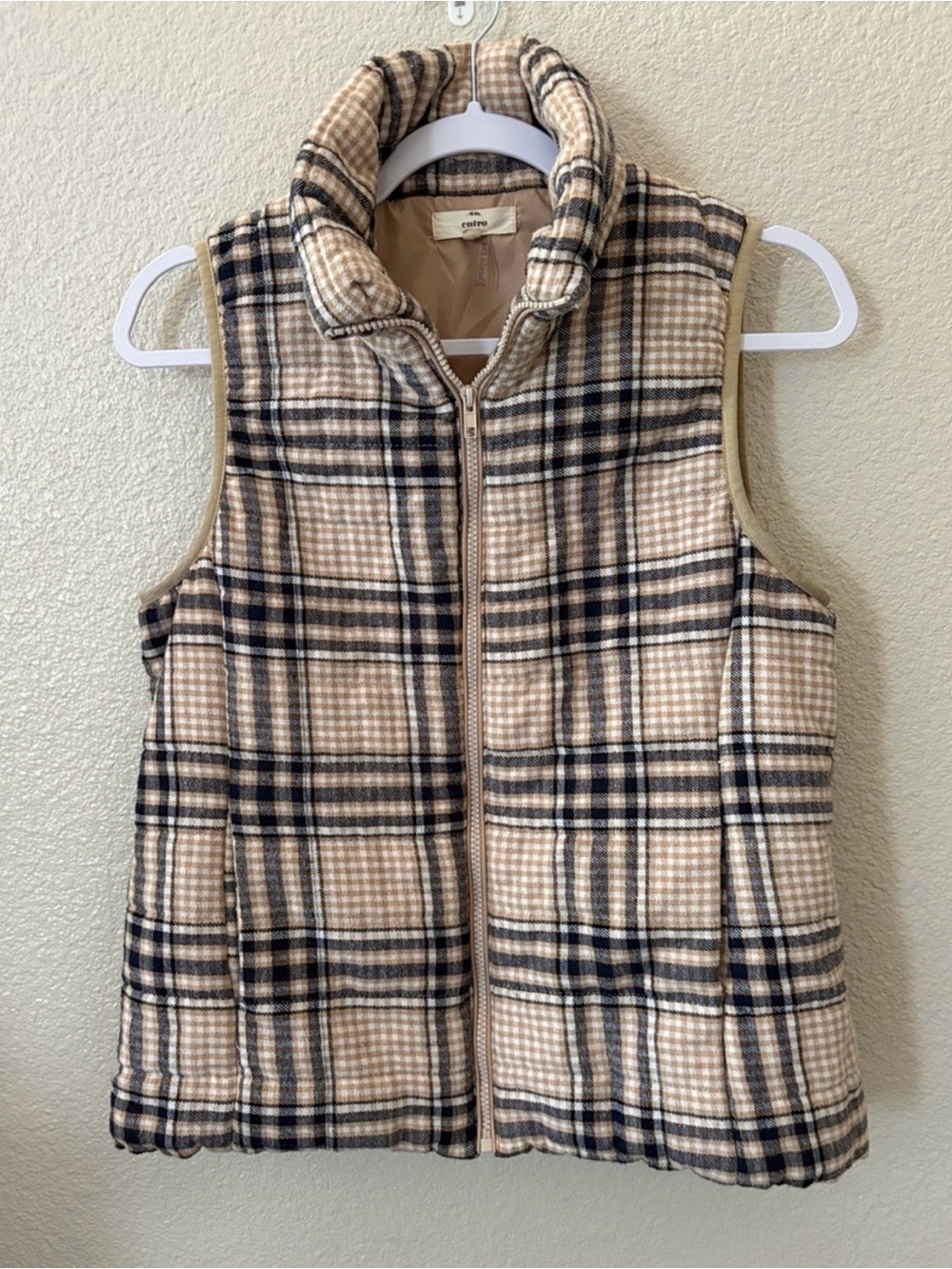 entro Beige Plaid Puffer Vest